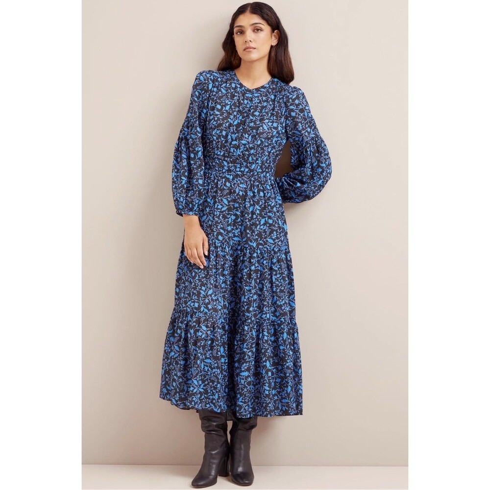Cefinn Marianne Midi Dress Blue Trailing Bramble Floral Print Tiered Boho UK6US2